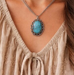 Vintage Turquoise Pendant Necklace Boho Silver Filigree Chain Statement Jewelry